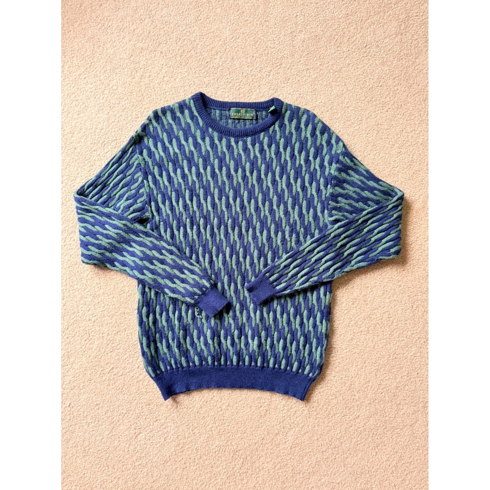 Vintage Embassy Row Mens Large Merino Wool Sweater BlueGreen Knit Made in Italy